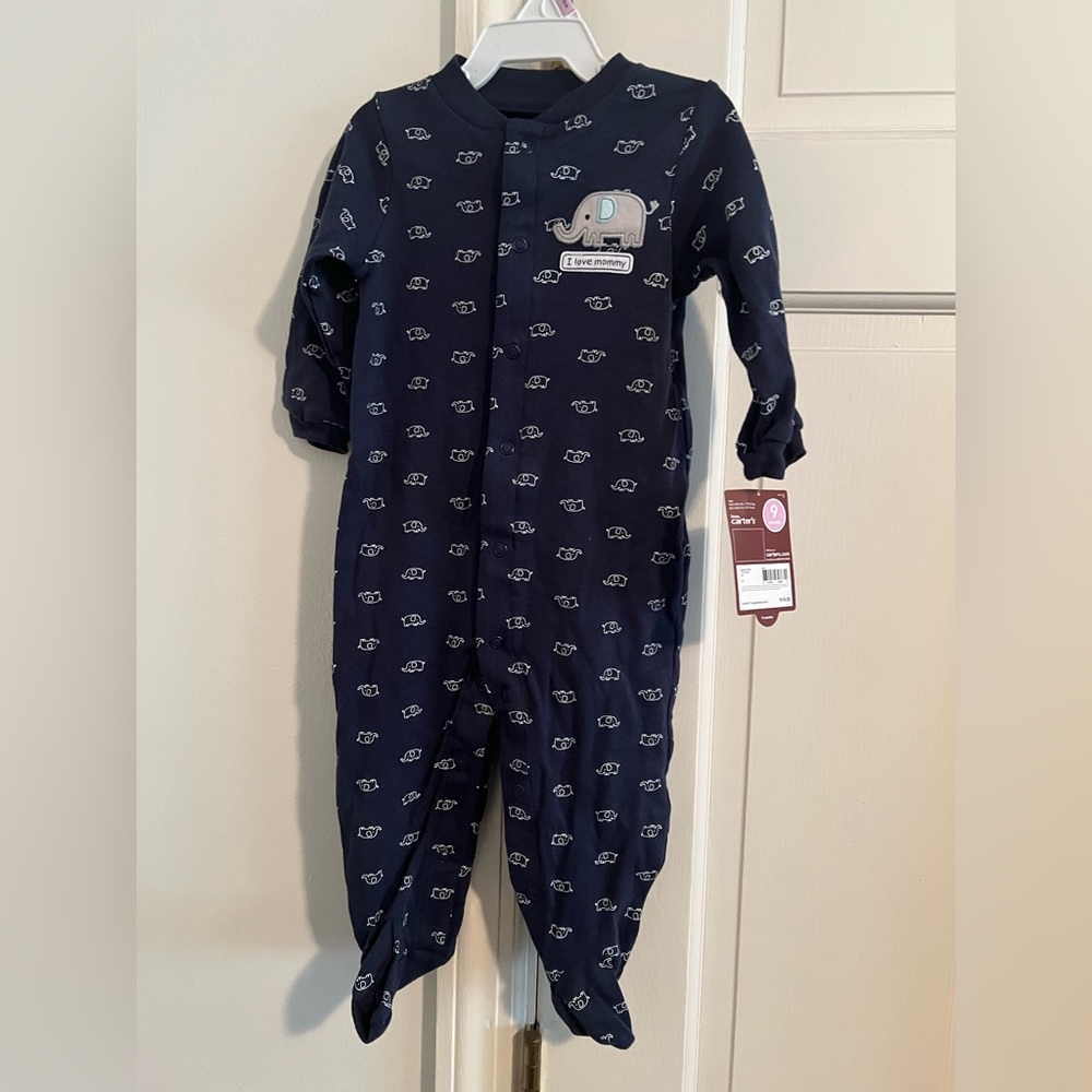❤️3/$30 Carters 9 mo 1 pc Footed Onesie “I love mommy” Elephants 100% Cotton NWT